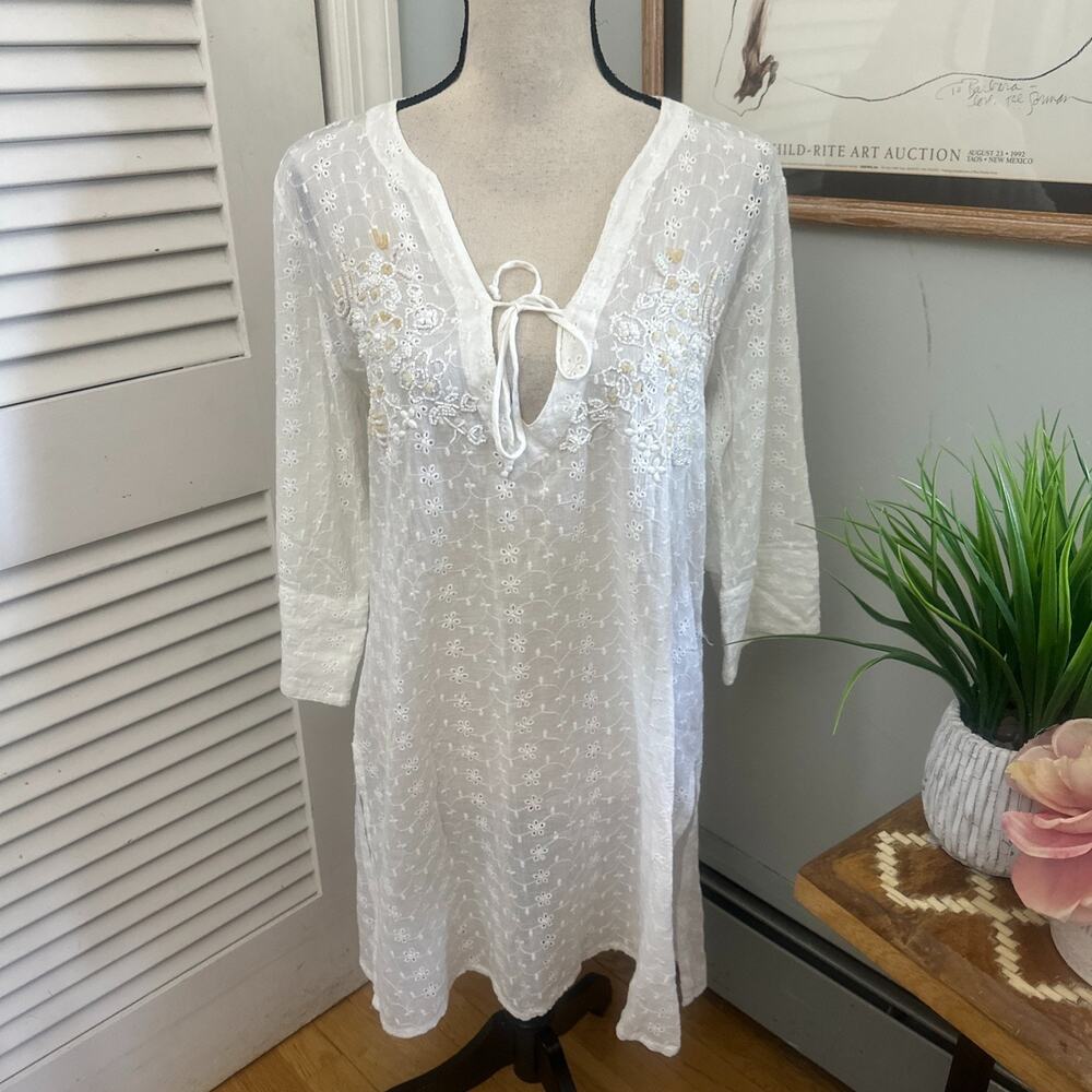 Antica Sartoria Tunic Dress Small Cream Gauzy Eyelet Beach Boho Resort Chic